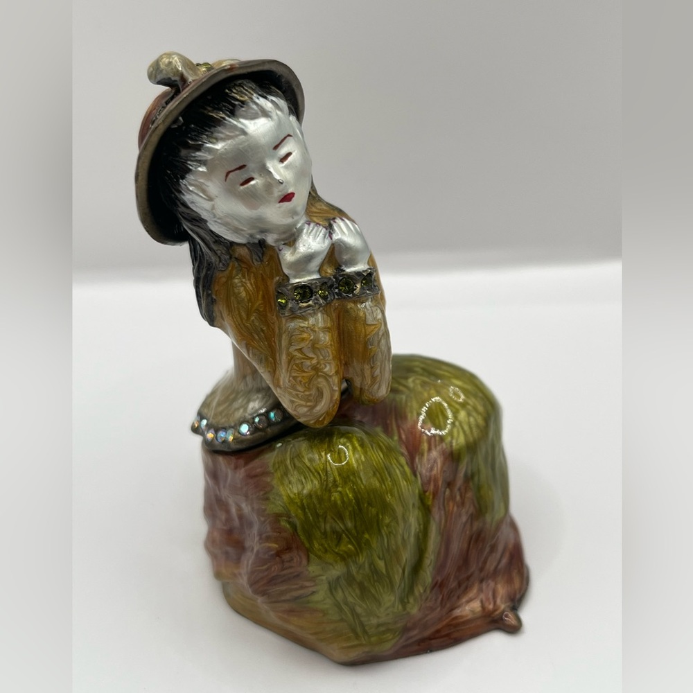 Jeweled Enamel Seated  Woman 'Waiting for Love"  Trinket Pillbox Decor Figurine